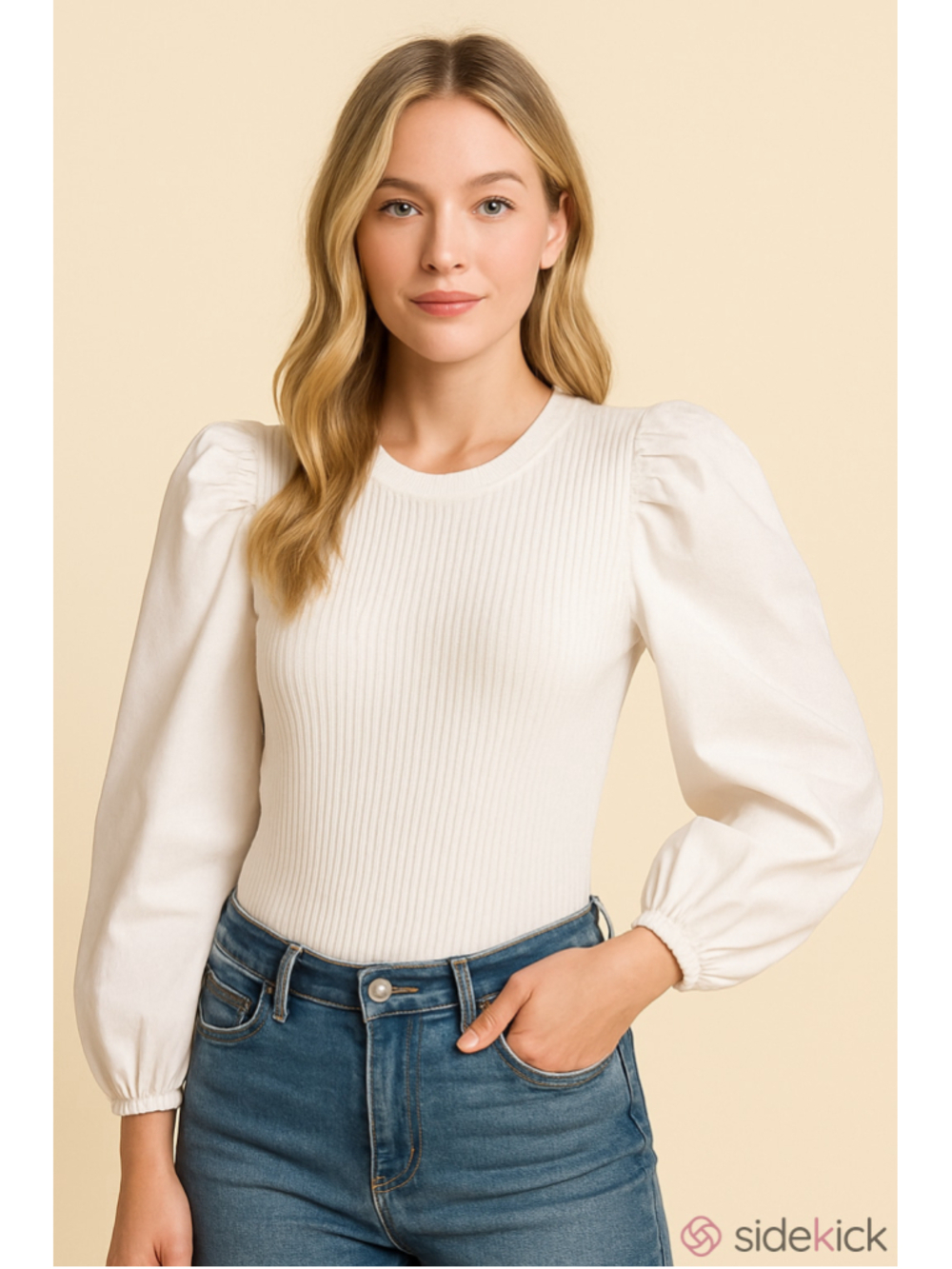Calligraphie NEW White Puff Sleeve Mixed Media Ribbed Knit Sweater Blouse Medium